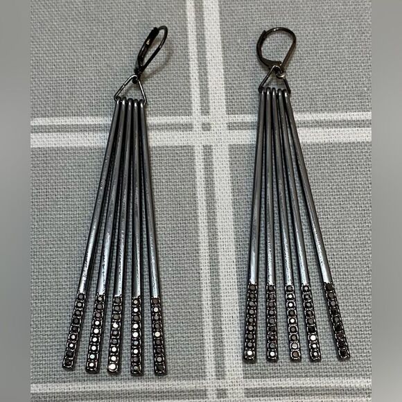 Earrings Pierced Gunmetal Rhinestones Black Long Drop Dangle Statement Jewelry - Picture 2 of 5
